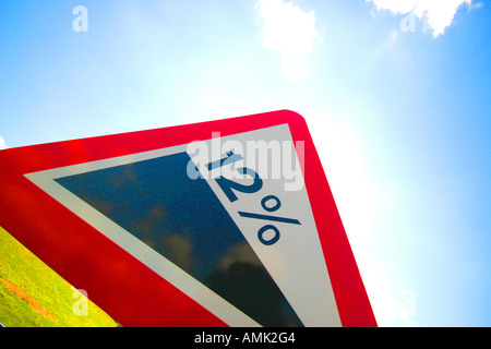 A stock photograph of a Sign warning of a slope in the road ahead Stock Photo