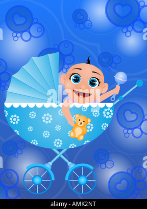 A smiling baby in a baby carriage, pram holding a teddy bear and a noise-maker. Stock Photo