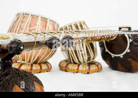 Indian classical musical instruments sitar tabla Stock Photo