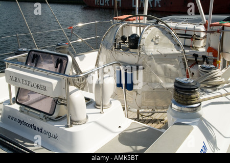 On board the deck of the Alba Explorer yacht berthed at Victoria Docks in Dundee,UK Stock Photo