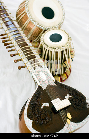 Indian sitar and Tabla on white background Stock Photo