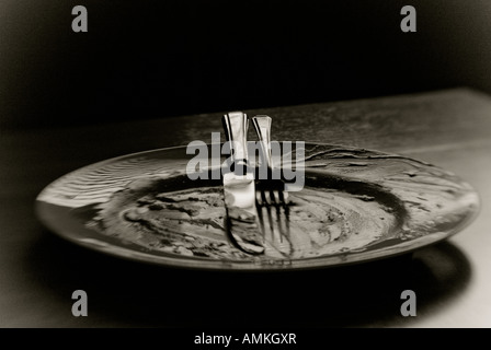 Black and white image of an empty dinner plate and cutlery Stock Photo