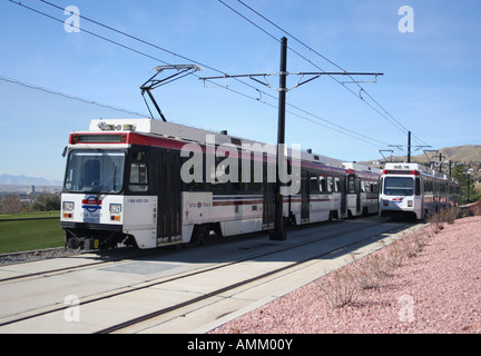 UTA TRAX light rail train on Main Street Salt Lake City with Tabernacle ...