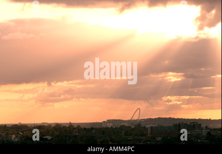 Sunset shafts over New Wembley Stadium, London Stock Photo