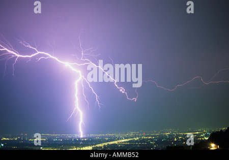 A cloud to ground lightning strike in Budapest, Hungary, during a summer thunderstorm Stock Photo