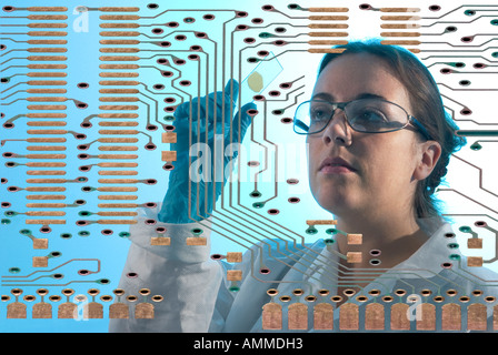 Concept showing Bioelectronics in Nanotechnology relating to the combined reaction of DNA and microchip research Stock Photo