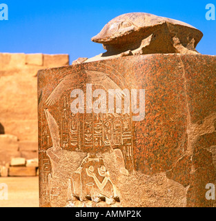 Granite Scarab on engraved plinth in the Precinct of Amun-Re (or Amum),  Karnak Temple complex near Luxor, Egypt Stock Photo