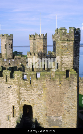 Caernarfon Castle Wales Medieval Welsh Fortress Architecture travel tourism history towers turrets stone UK battlements Welsh Stock Photo