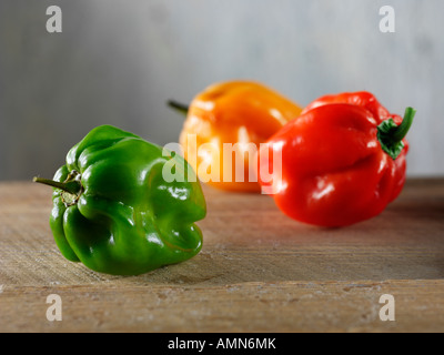 3 bell chili peppers red green yellow Stock Photo