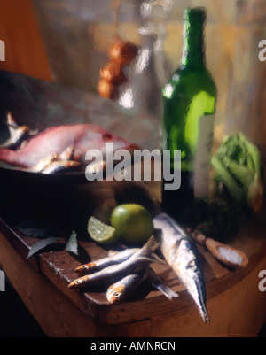 Red snapper herrings with a bottle of wine in a kitchen setting with paint effect Stock Photo