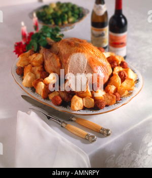 Whole roast turkey dinner, lunch. Traditional festive  Christmas dinner Stock Photo