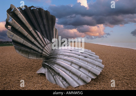 Scallop shell scupture to those who drowned at sea by Maggie Hambling. Aldeburgh Suffolk England UK Stock Photo