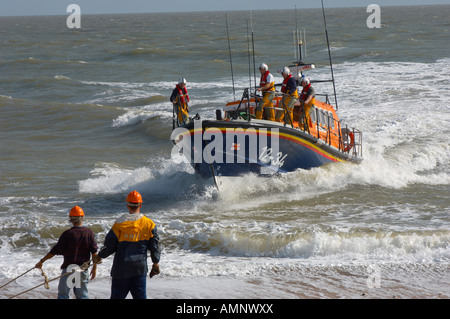 RNLI lifeboat being landed at Aldeburgh, East Anglia. Royal National Lifeboat Stock Photo