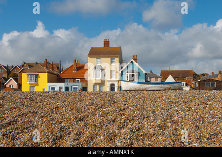 Brightly colored painted house and cottage on the sea front beach at Aldeburgh, East Anglia, Suffolk, England