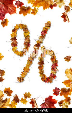 Autumn promtional sale offer sign made up out of autumnal leaves against a white background Stock Photo