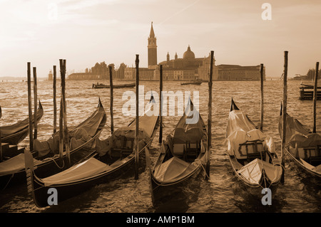 Gondolas in the early morning sun. Venice Italy