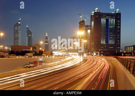 Rush hour on the Sheikh Zayed Road in the evening, Dubai, United Arab Emirates Stock Photo