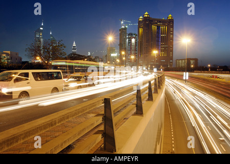 Rush hour on the Sheikh Zayed Road in the evening, Dubai, United Arab Emirates Stock Photo