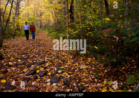 Couple walking along a trail leading from La Pont Blanc alongside Riviere Jacques-Cartier, Quebec, Canada Stock Photo