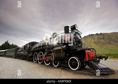 Kingston Flyer, a steam train built in 1925, at the Fairlight Station in Central Otago, South Island, New Zealand. Stock Photo