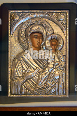 Greek Orthodox church Silver Icon Virgin Mary with Christ Child Stock Photo
