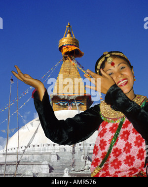 Bodnath stupa khatmandu with folk dancer Nepal Asia Stock Photo