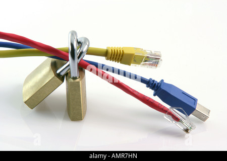 network computer connections safe data transfer concept with two ethenet cables red and yellow and usb blue and two locked padlo Stock Photo