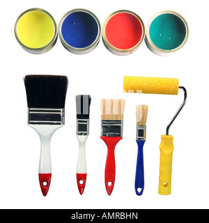 four color cans and four paint brushes and paint roll totaly isolated on white background hardware tools Stock Photo