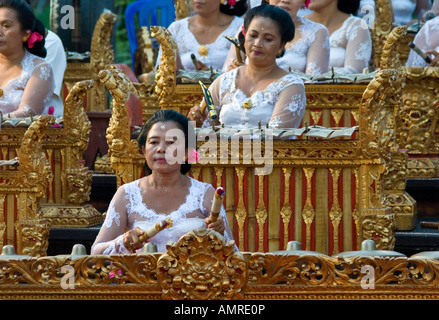 Women Gamelan Orchestra Puri Taman Saraswati or Water Palace Ubud Bali Indonesia Stock Photo