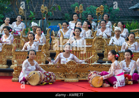 Women Gamelan Orchestra Puri Taman Saraswati or Water Palace Ubud Bali Indonesia Stock Photo