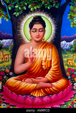 Buddha Under Bodhi Tree Sitting On A Lotus Flower Indian Painting Stock Photo