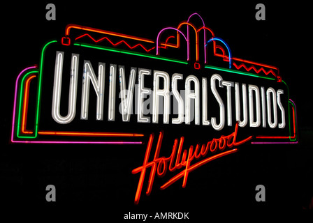 The famous neon lit Universal Studios sign, Hollywood, California Stock Photo