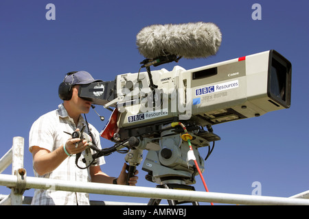 A BBC camera operator at the Epsom Downs horse races, Epsom, Great Britain Stock Photo