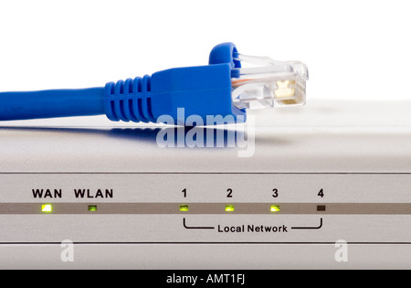 Computer network router status lights with blue Cat 5 cable and RJ45 connector Stock Photo