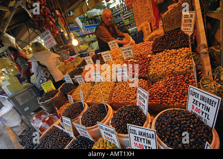 ISTANBUL. Shop by the Egyptian (Spice) Bazaar in Eminonu selling large variety of olives. Stock Photo