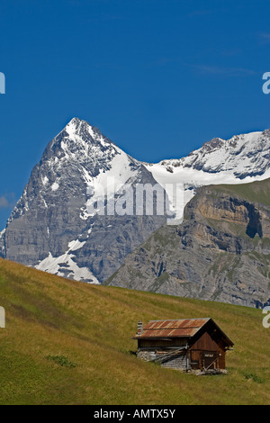 Old style swiss chalet in Mountains of switzerland Stock Photo