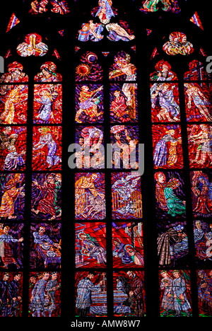 Stained glass window in St Vitus Cathedral Prague Castle Czech Republic Stock Photo