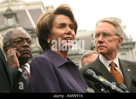 Speaker of the House Nancy Pelosi talks to media after meeting with President George W Bush on April 18, 2007. Stock Photo