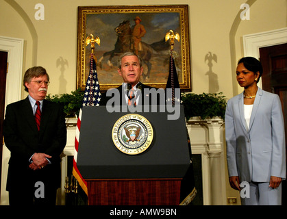George W Bush announces the recess appointment of John Bolton to be the ambassador to the UN Stock Photo