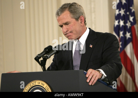 President GW Bush at a press conference in the East Room of the White House on April 13, 2004 Stock Photo