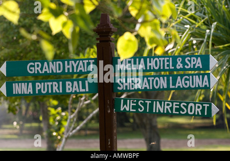 Signboards direction of the hotels Grand Hyatt an Sheraton, beach of Nusa Dua, Bali, Indonesia Stock Photo