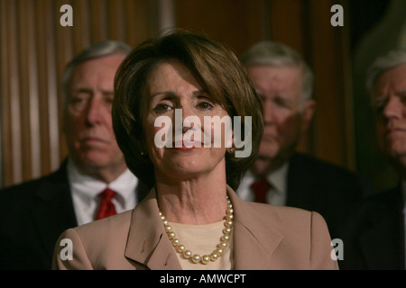 Speaker of the House Nancy Pelosi smiles after the passage of the vote on US Troop Readiness Stock Photo