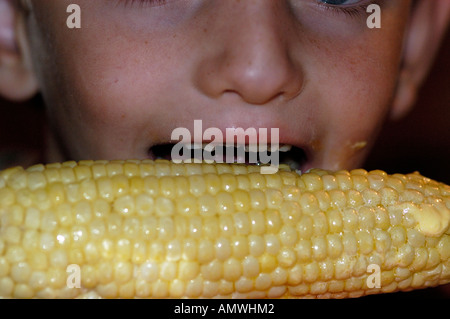 Boy missing front tooth eating corn on cob Stock Photo