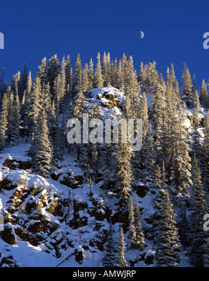Snowy alpine ridge and moon on a winter evening in Colorado Stock Photo