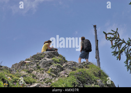 mountan hiker on Alpspitz peak, Germany, Bavaria, Allgaeu, Nesselwang Stock Photo