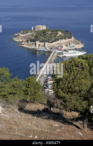 view of island with fort of 14th century, Turkey, Taubeninsel / Guevercinada, Kusadasi Stock Photo