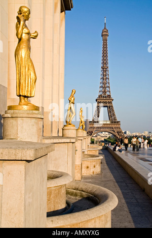 Sculptures in row in front of tower Palais de Chaillot Eiffel Tower Paris France Stock Photo