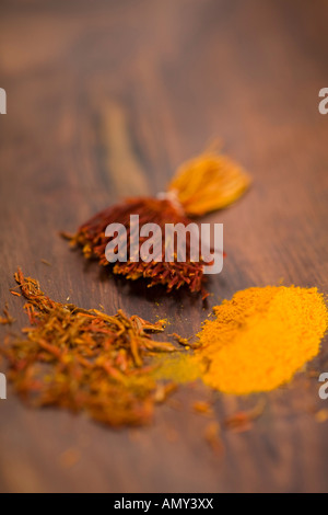 Close-up of saffron and turmeric powder Stock Photo