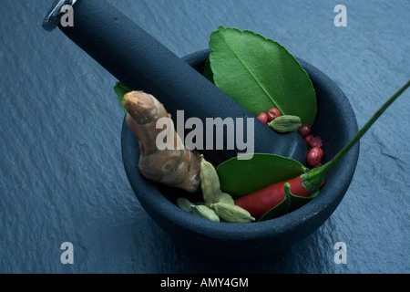 Close-up of spices in mortar with pestle Stock Photo