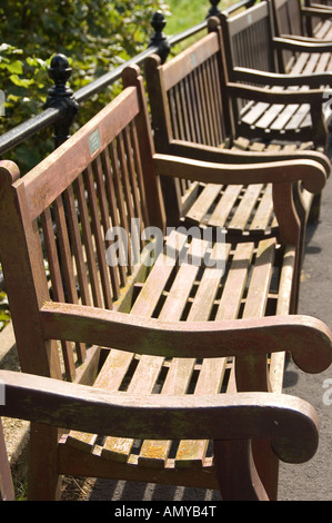 Row of wooden benches South Bay Scarborough North Yorkshire England UK United Kingdom GB Great Britain Stock Photo